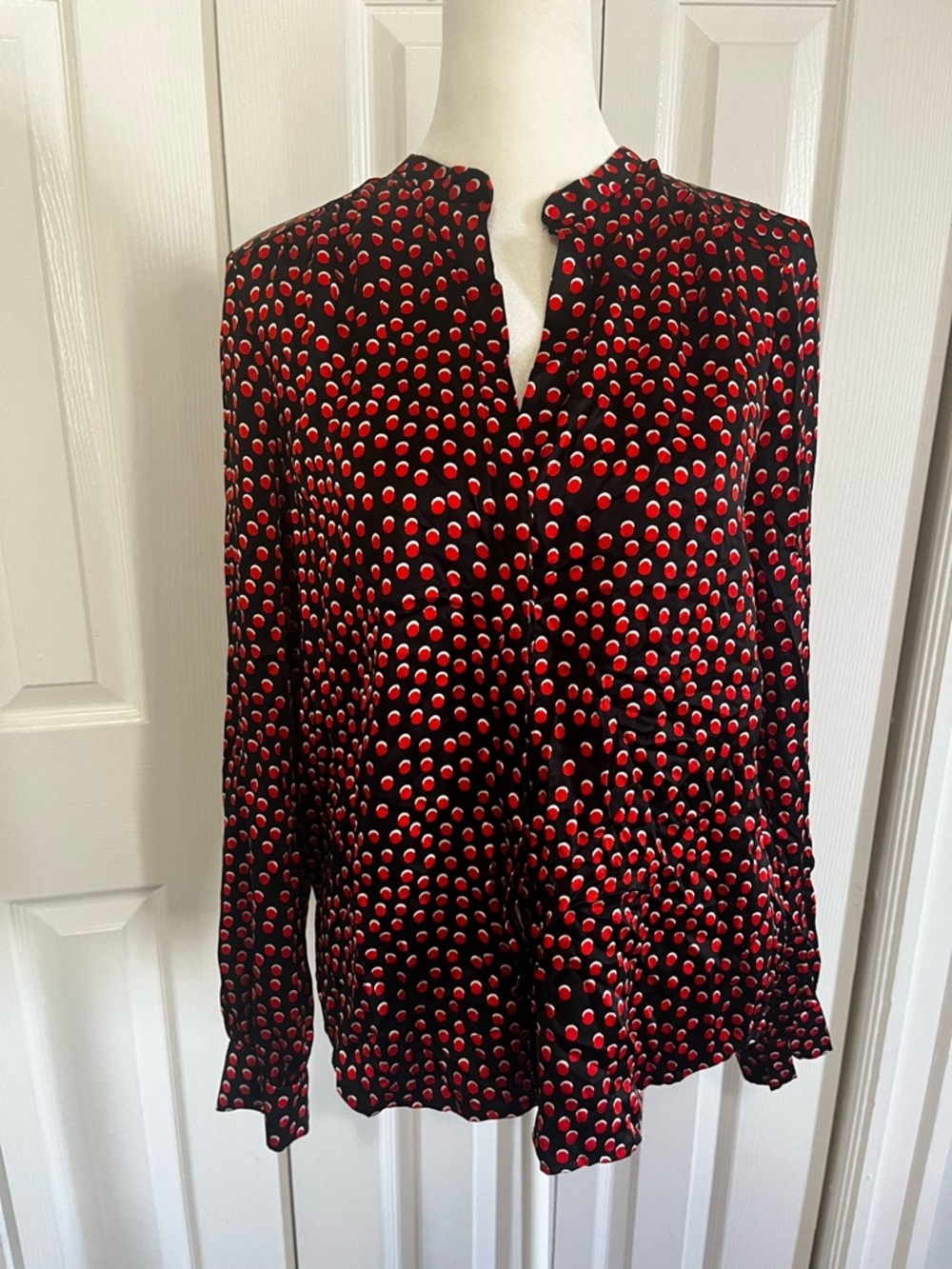 L'AGENCE Black Top with Red and White Dot Print 100% Silk Extra Small